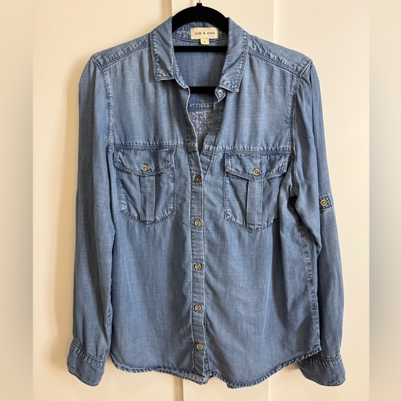 Anthropologie Cloth & Stone Top Chambray Denim Shirt Camp Blouse Laredo WesternL - Picture 2 of 7